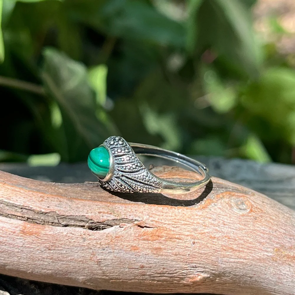 Sterling silver adjustable natural malachite ring‎